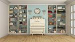 White piano in room with books