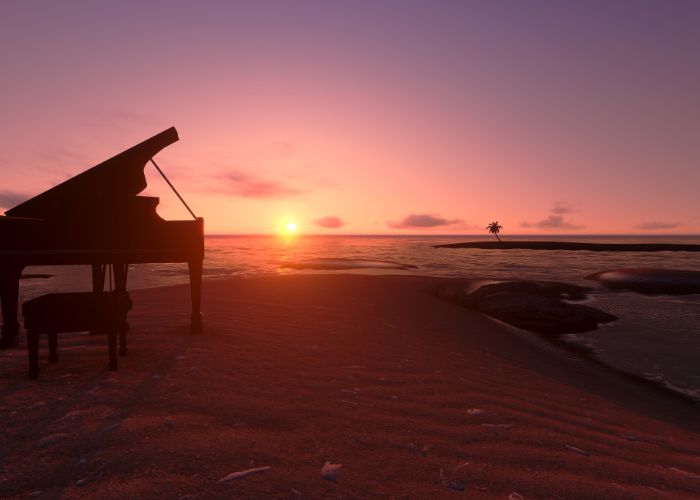 Grand piano at sunset